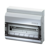 Kiselosztó PE/N sínnel rugós műanyag 1x 18M falonkívüli szürke IP65 átlátszó ajtó KV 9118 Hensel