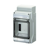 Kiselosztó PE/N sínnel rugós műanyag 1x 4M falonkívüli szürke IP65 átlátszó ajtó KV 9104 Hensel