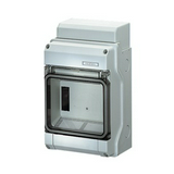 Kiselosztó PE/N sínnel rugós műanyag 1x 6M falonkívüli szürke IP65 átlátszó ajtó KV 9106 Hensel