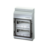 Kiselosztó PE/N sínnel rugós műanyag 2x 12M falonkívüli szürke IP54 átlátszó ajtó KV 2524 Hensel