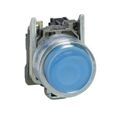 Nyomógomb komplett fém d22 kék lapos visszaugró 1z csavaros kerek IP66 Harmony XB4 Schneider