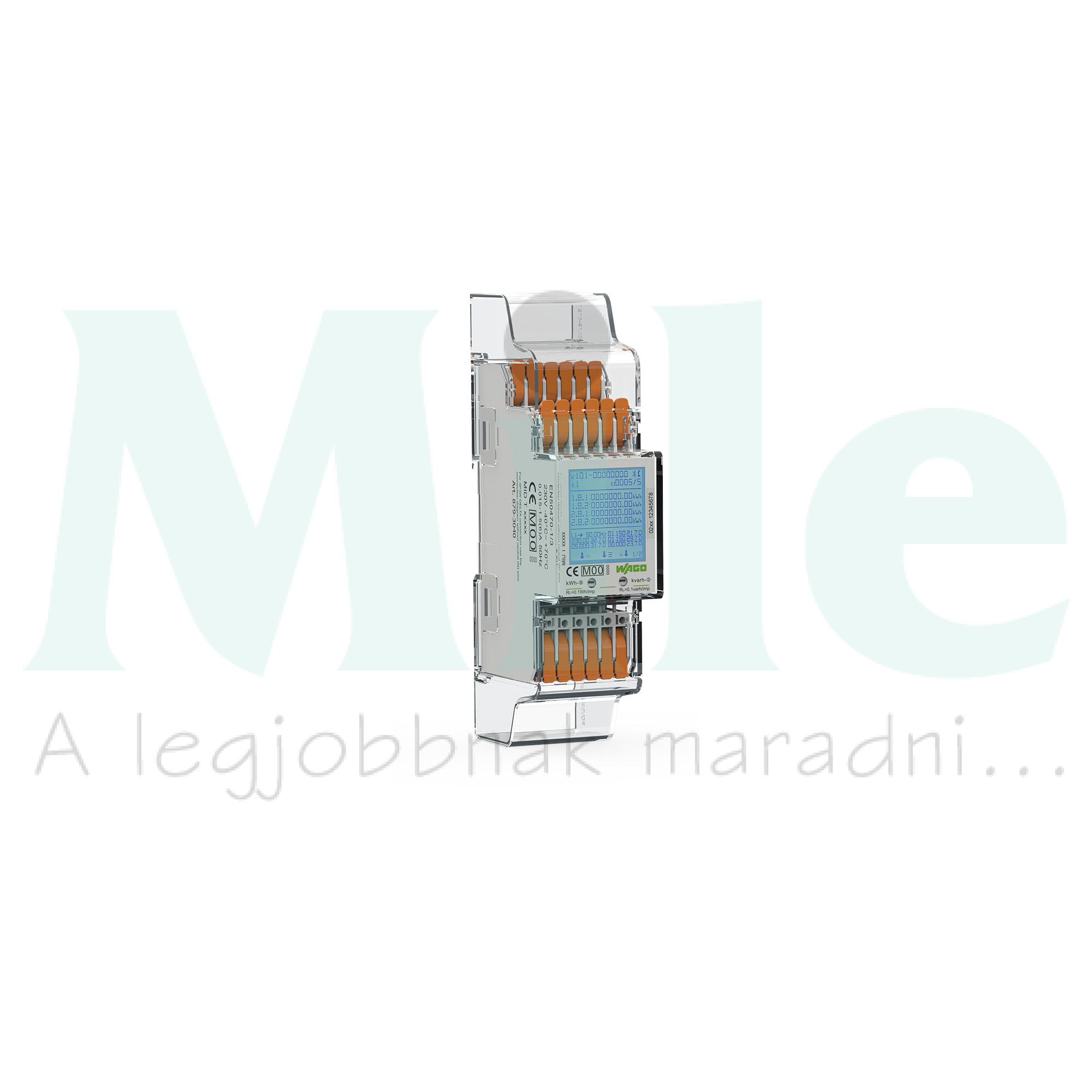 Sorolható fogyasztásmérő 3F LCD MID áramválátós 5A 230/400V 50H 2SO WAGO