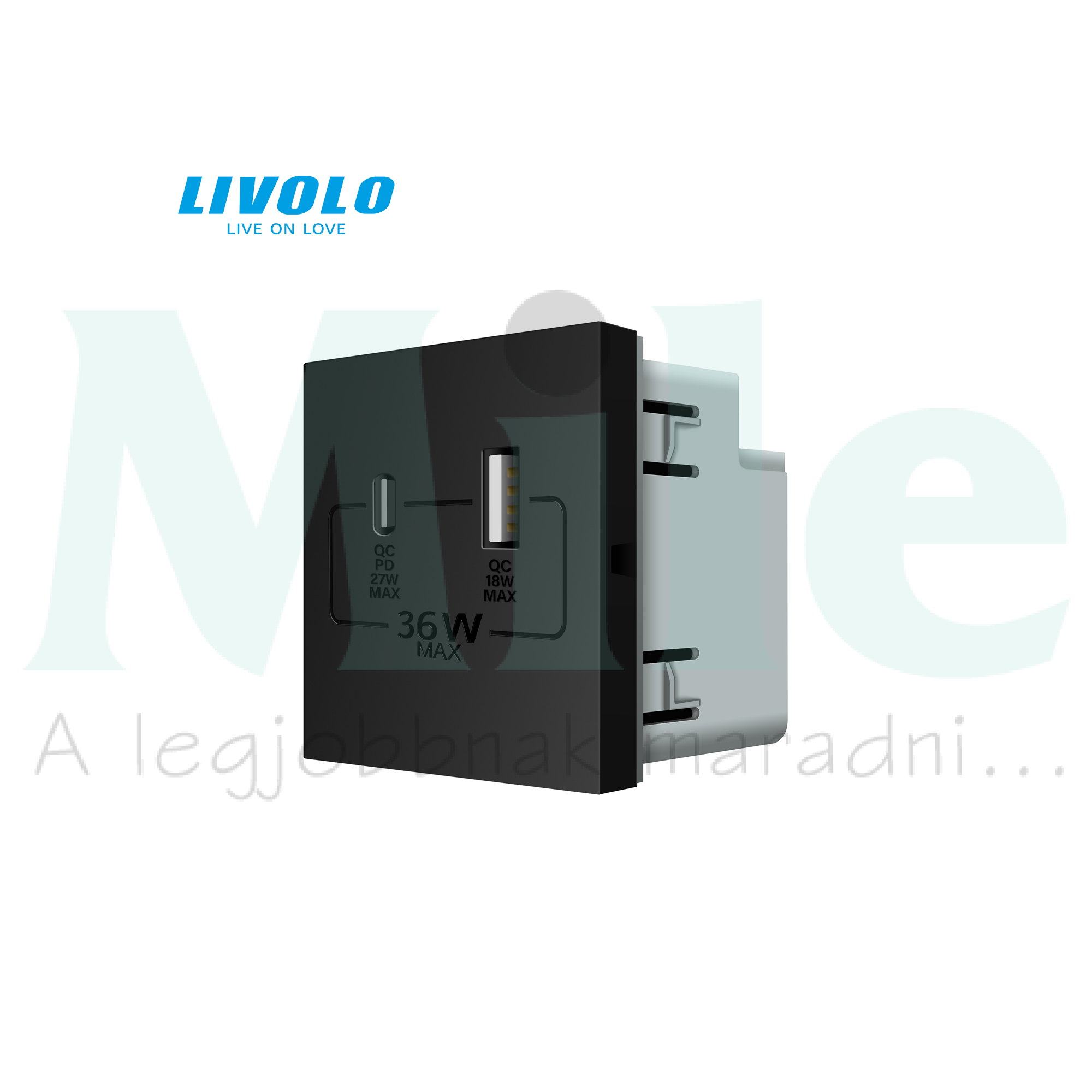 C7 USB töltőaljzat 18W/A+27W/C 7200mA/5V modultartó fekete C7USBACB LIVOLO