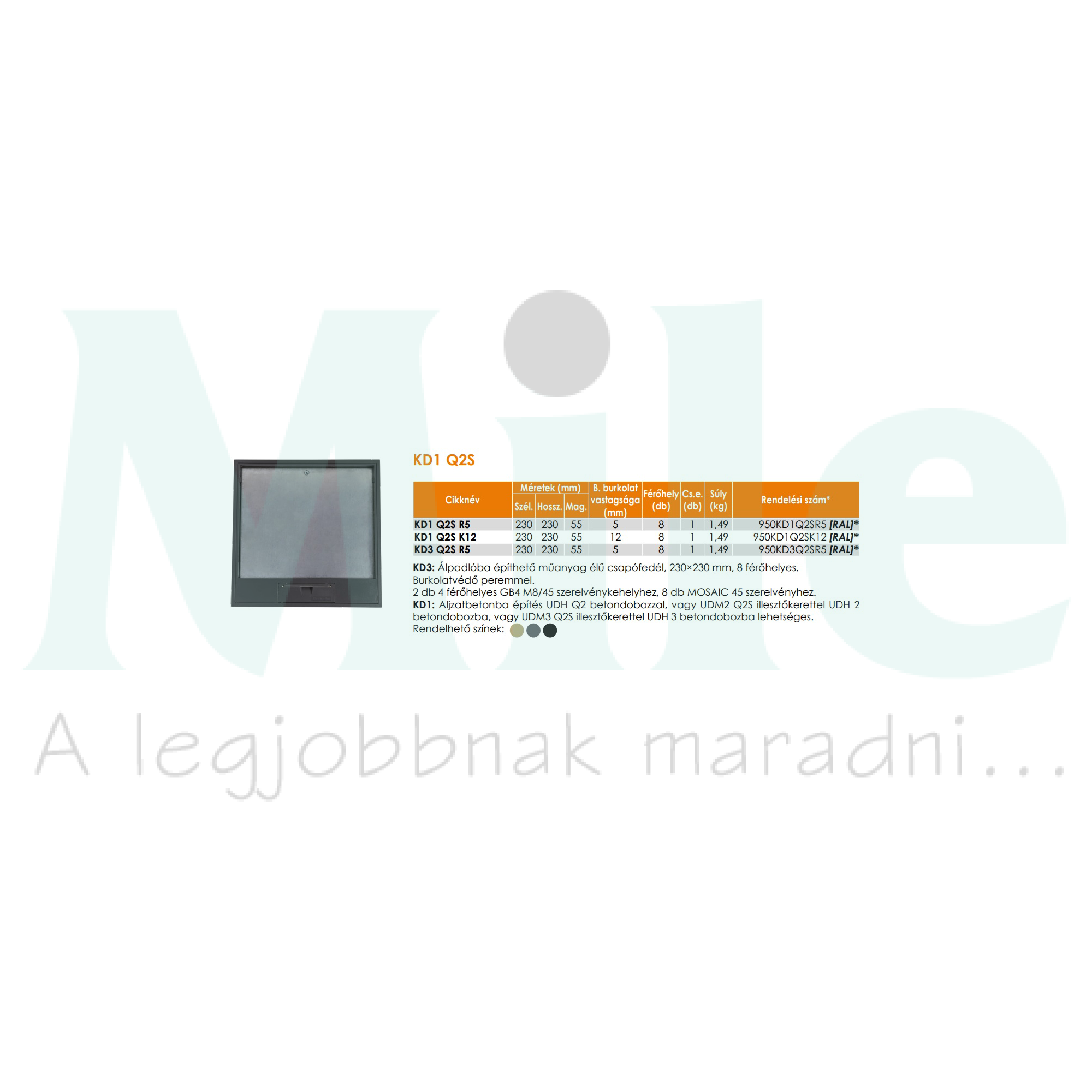Padlódoboz csapófedél 230x230x55mm vasszürke 7011 230mm 8-modul KD1 Q2S R5 7011 Electraplan