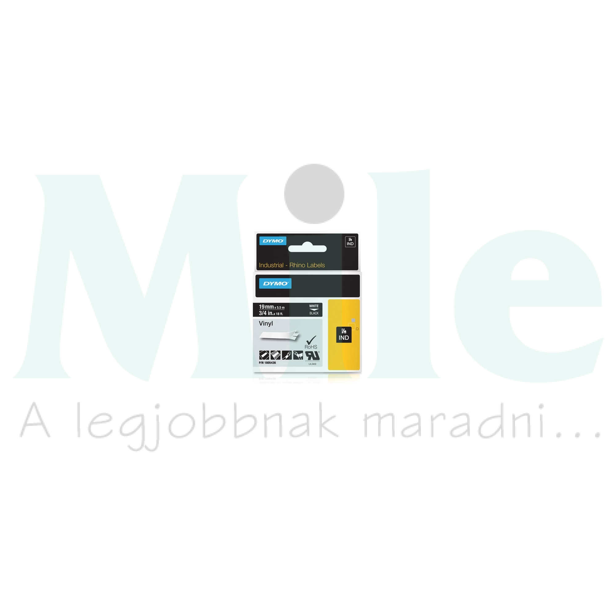 Feliratozó szalag PVC fekete/ fehér-betű 19mm 5.5m hőálló UV-álló RHINO ID1 DYMO