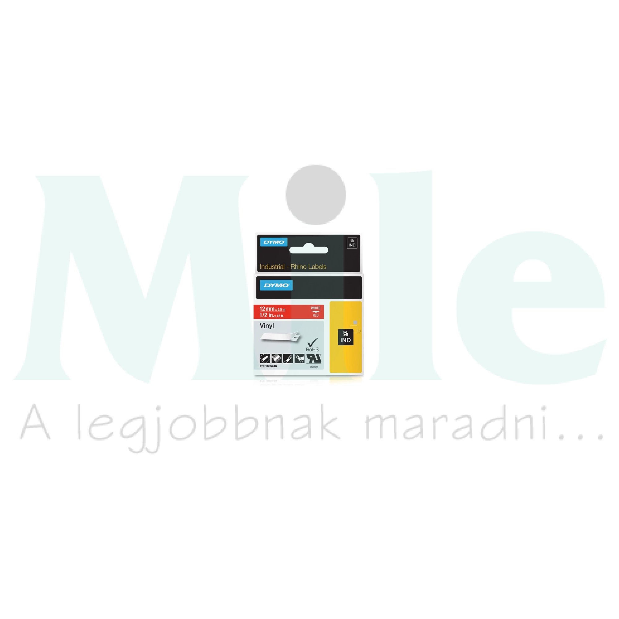 Feliratozó szalag PVC fekete/ fehér-betű 12mm 5.5m hőálló UV-álló RHINO ID1 DYMO