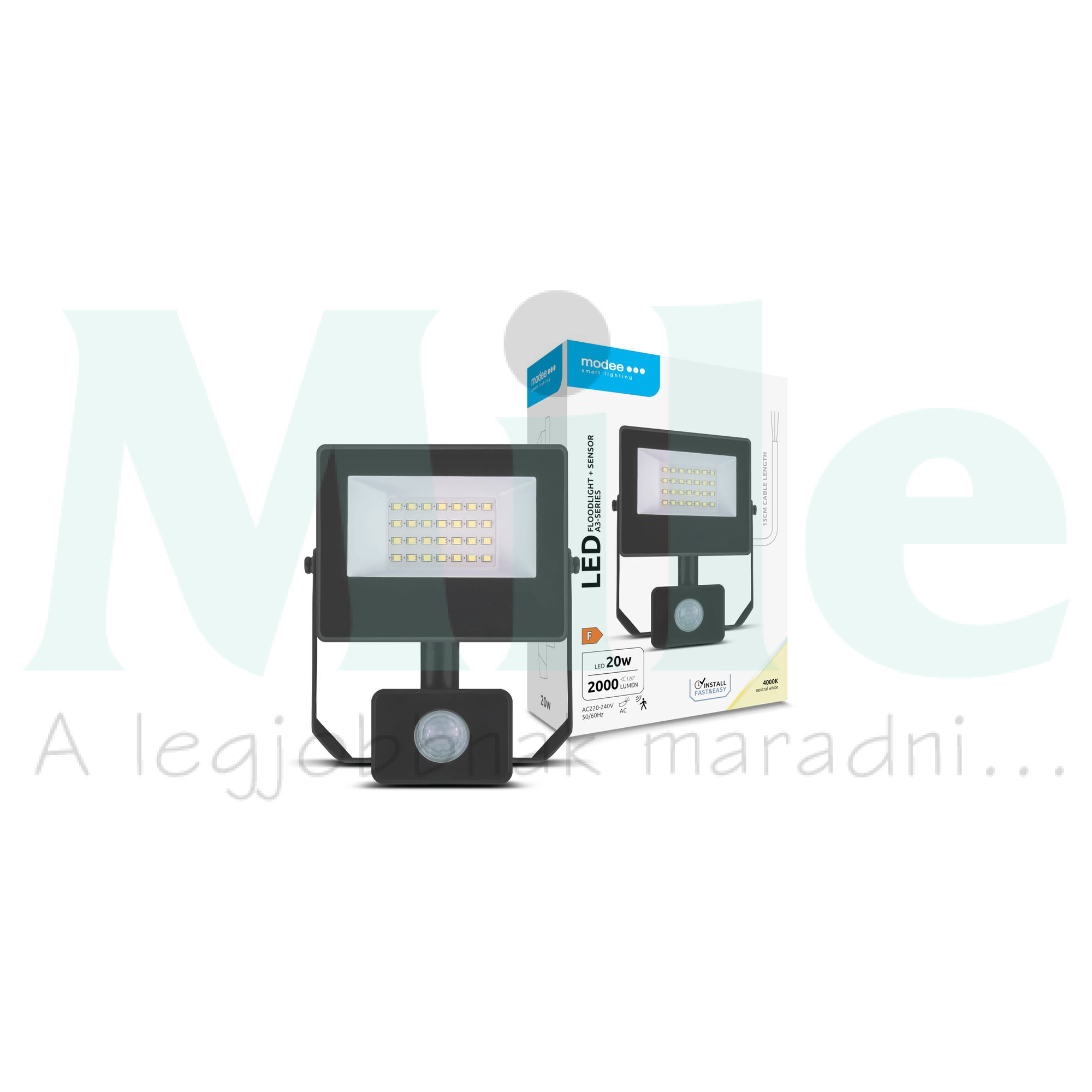 LED fényvető 10m PIR-érzékelős 20W 220-240V AC 2000lm 4000K fekete alumínium IP65 A3-series Modee