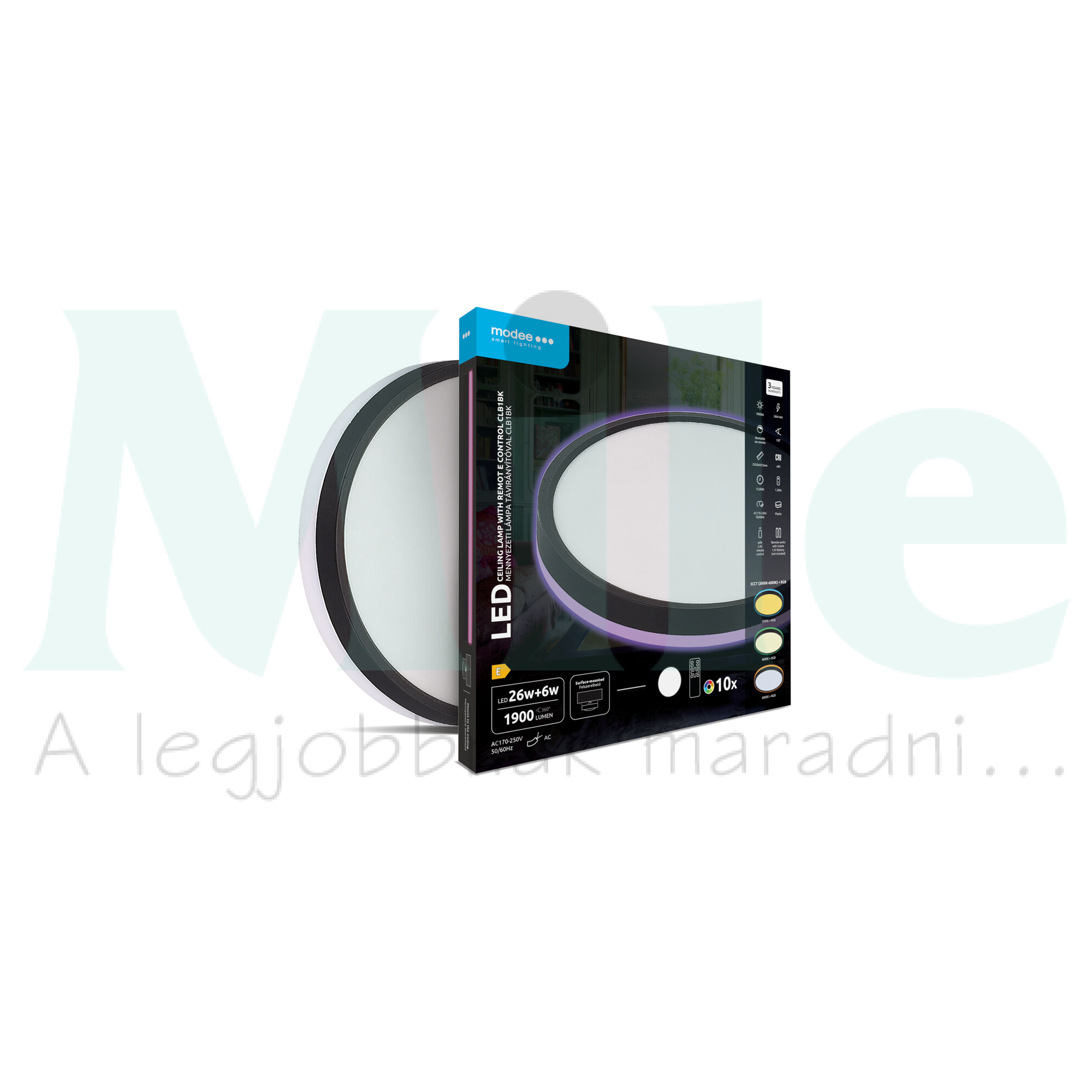 LED mennyezeti lámpatest kerek 3CCT DIM +RGB 26+6W távirányítóval falonkívüli 2x 170-250V AC 1900lm 2700-6000K IP20 15000h Modee