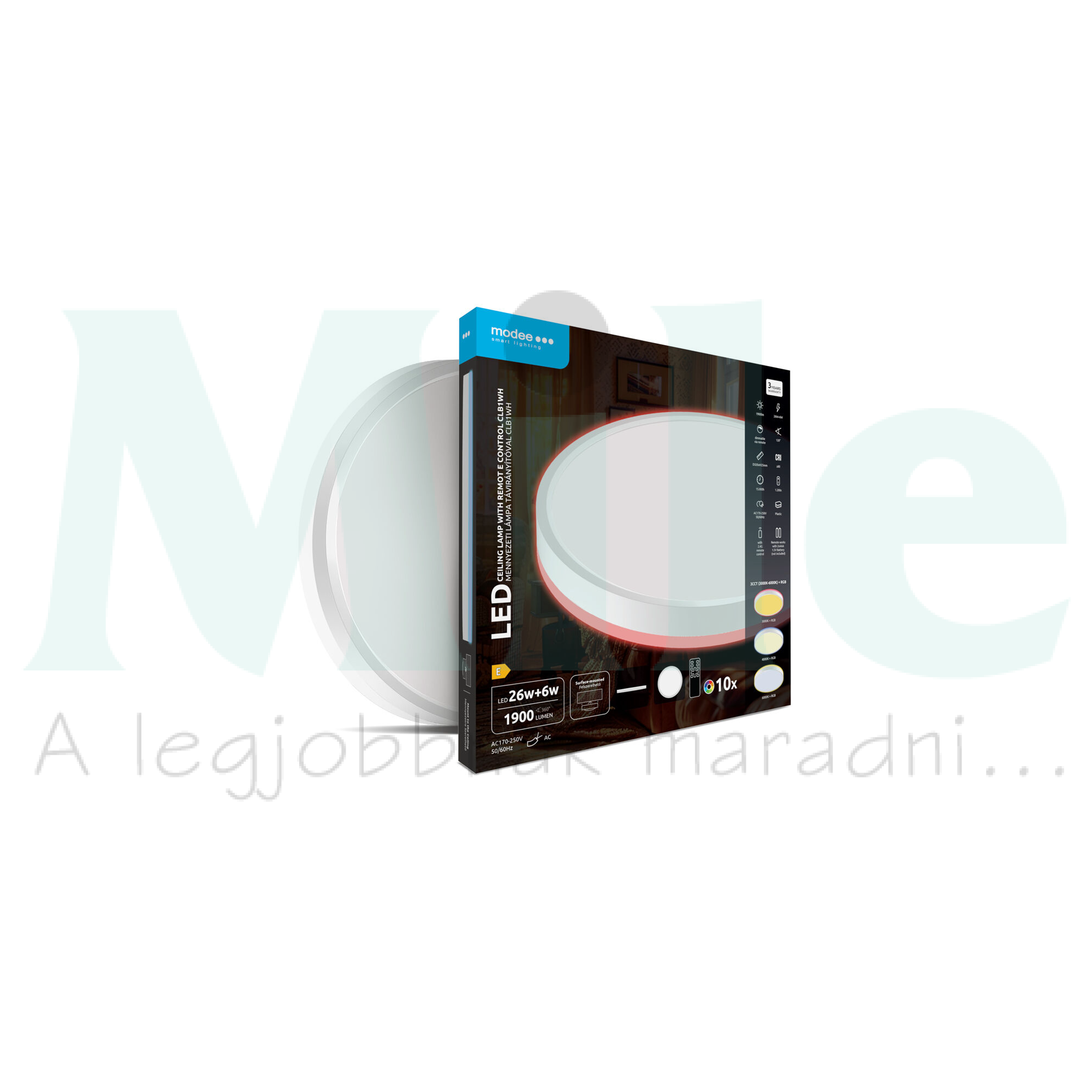 LED mennyezeti lámpatest kerek 3CCT DIM +RGB 26+6W távirányítóval falonkívüli 2x 170-250V AC 1900lm 2700-6000K IP20 15000h Modee