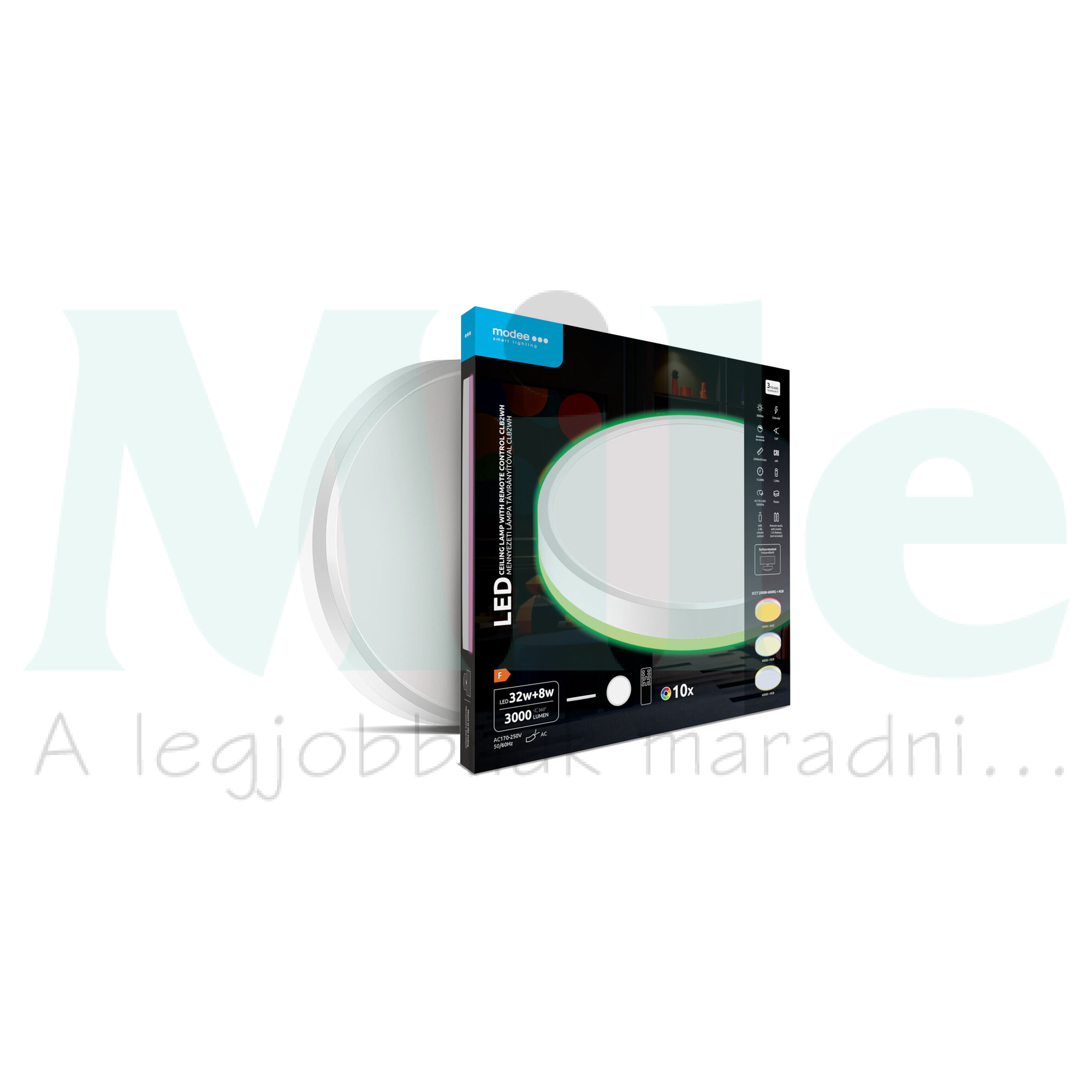 LED mennyezeti lámpatest kerek 3CCT DIM +RGB 32+8W távirányítóval falonkívüli 2x 170-250V AC 3000lm 2700-6000K IP20 15000h Modee