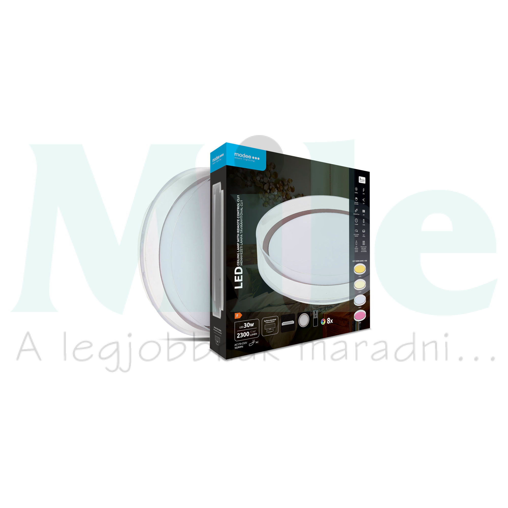LED mennyezeti lámpatest kerek 3CCT DIM +RGB távirányítóval átlátszó-perem falonkívüli 1x 30W 170-250V AC 2300lm 2700-6000K IP20 Modee