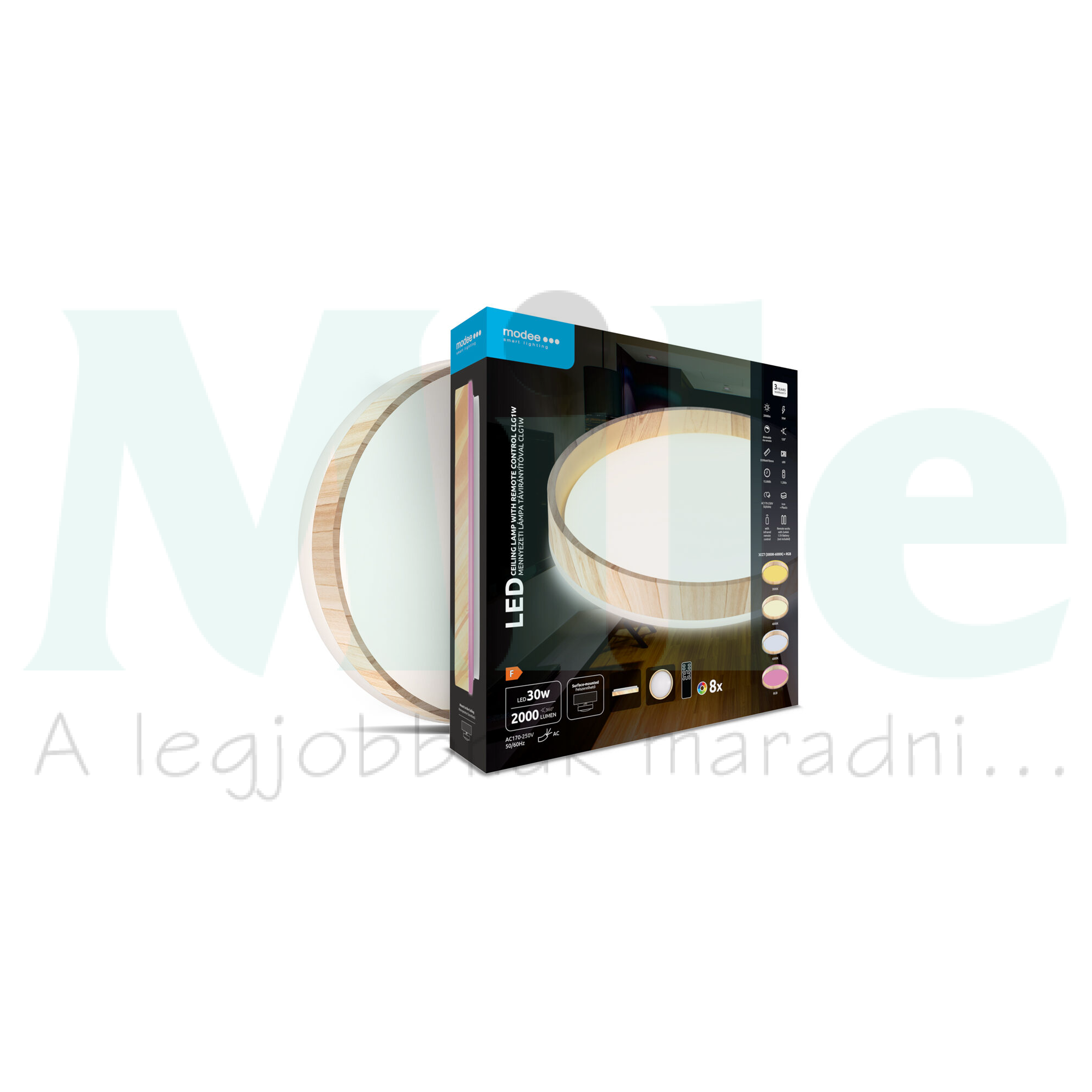 LED mennyezeti lámpatest kerek 3CCT DIM +RGB távirányítóval fahatású-minta falonkívüli 1x 30W 170-250V AC 2000lm 2700-6000K IP20 Modee
