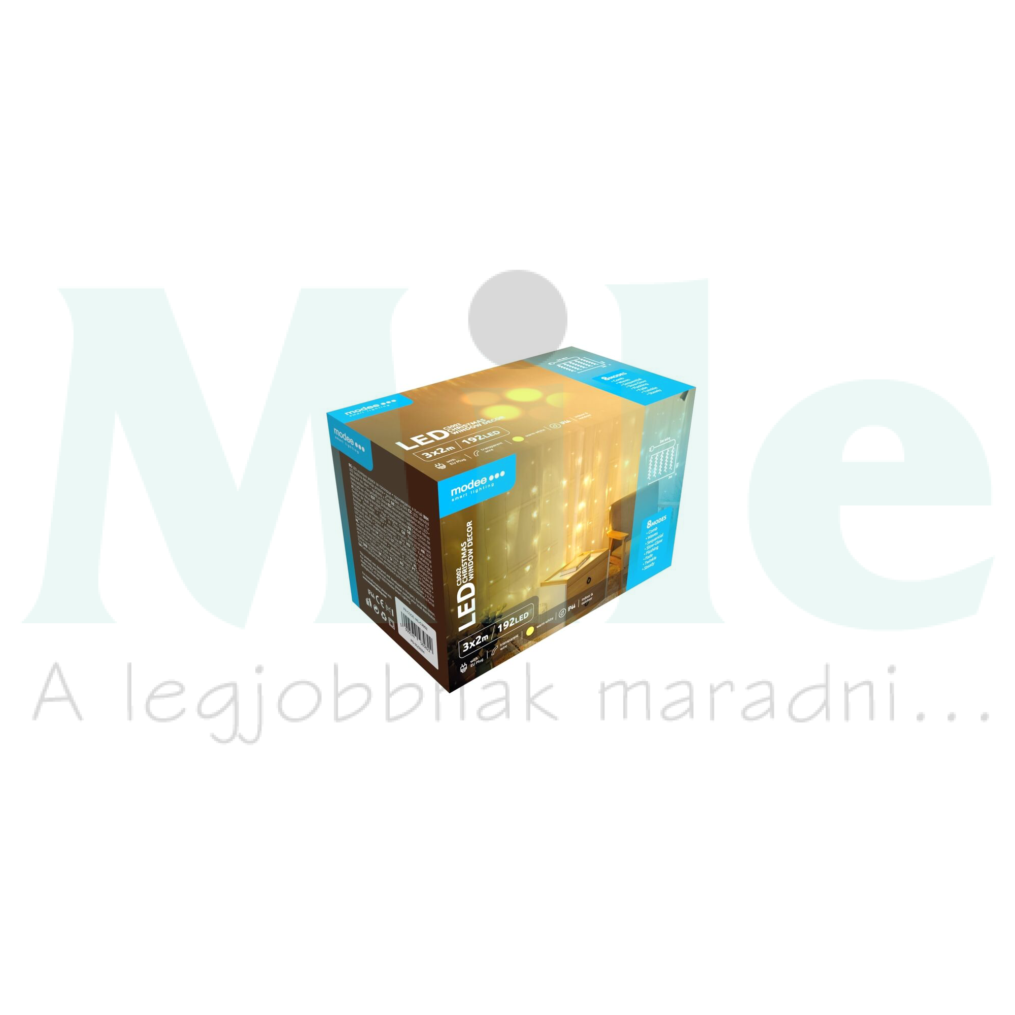 LED karácsonyi dekoráció 192LED-függöny/2x3m tápegység-dugóval 8mód kültéri 13db/m 220-240V Modee