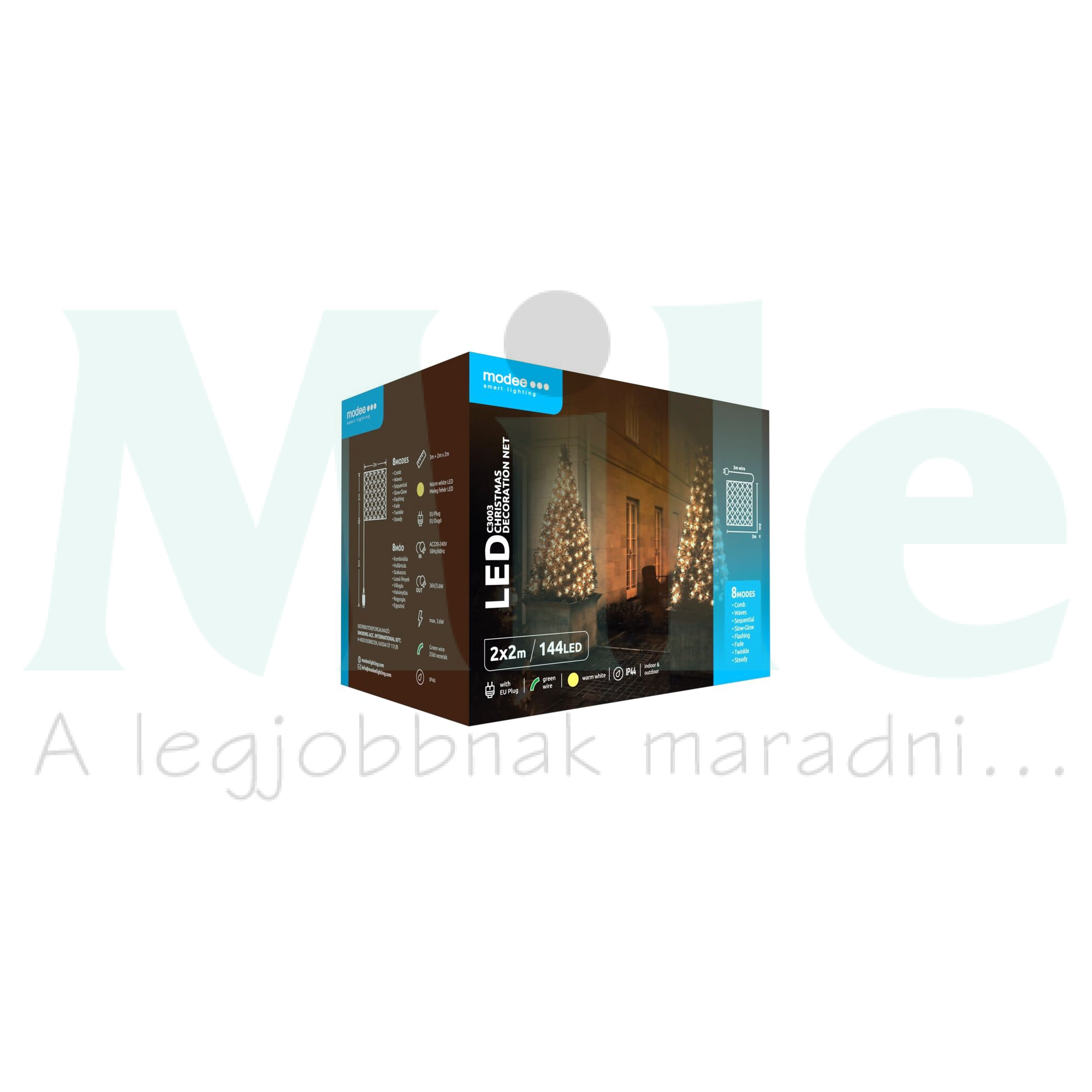 LED karácsonyi dekoráció 192LED-háló/2x2m tápegység-dugóval 8mód kültéri 19db/m fehér-fényű Modee