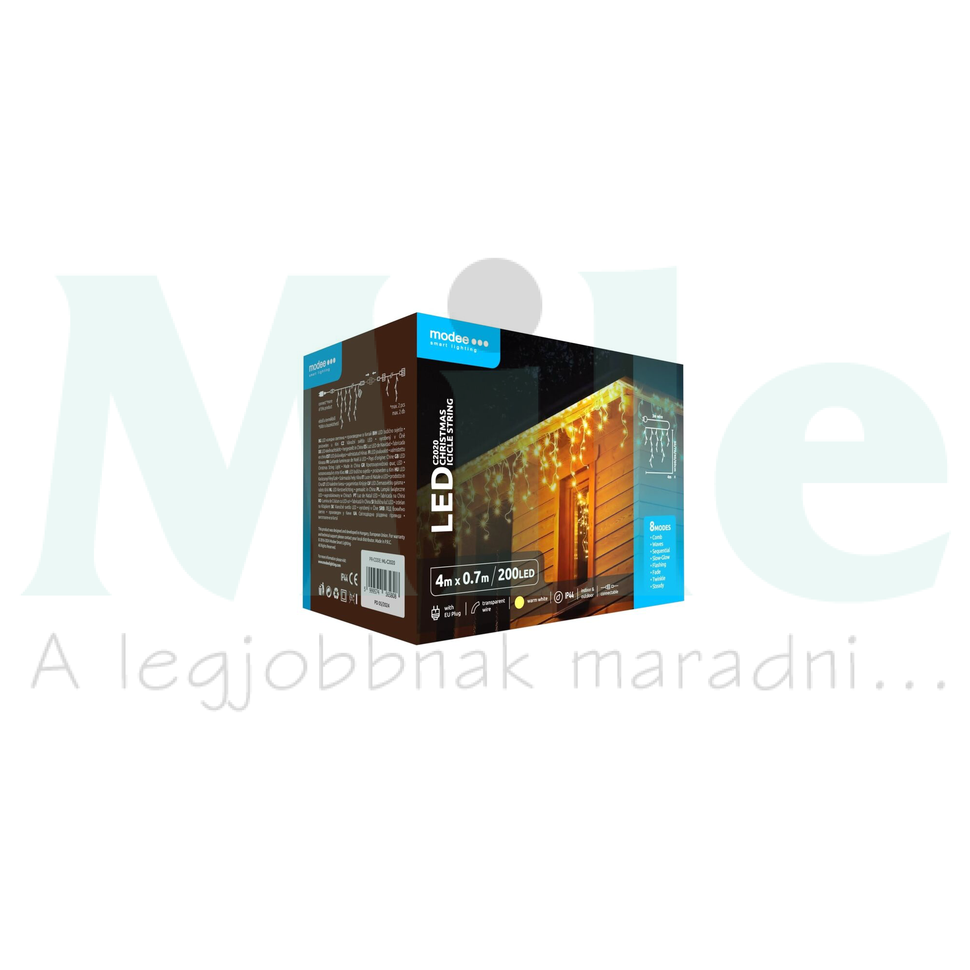LED karácsonyi fűzér 200LED-függöny/4x0,7m tápegys-dugóval 8mód kültéri 50db/m fehér-fényű Modee