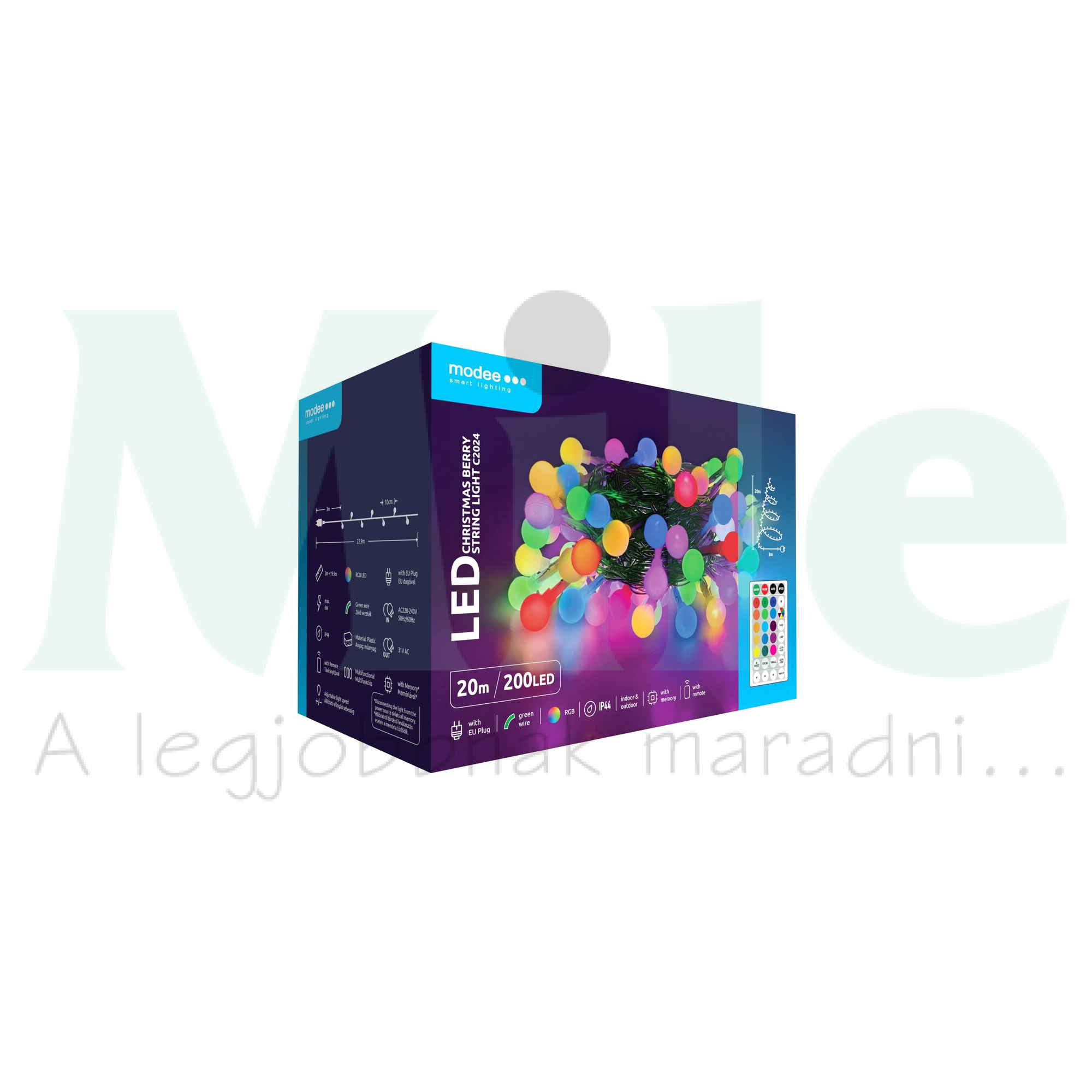 LED karácsonyi füzér 200LED/20m RGB+távirányító +3m-tápegység-dugóval 10mód kültéri 10db/m RGB-fényű AC Modee