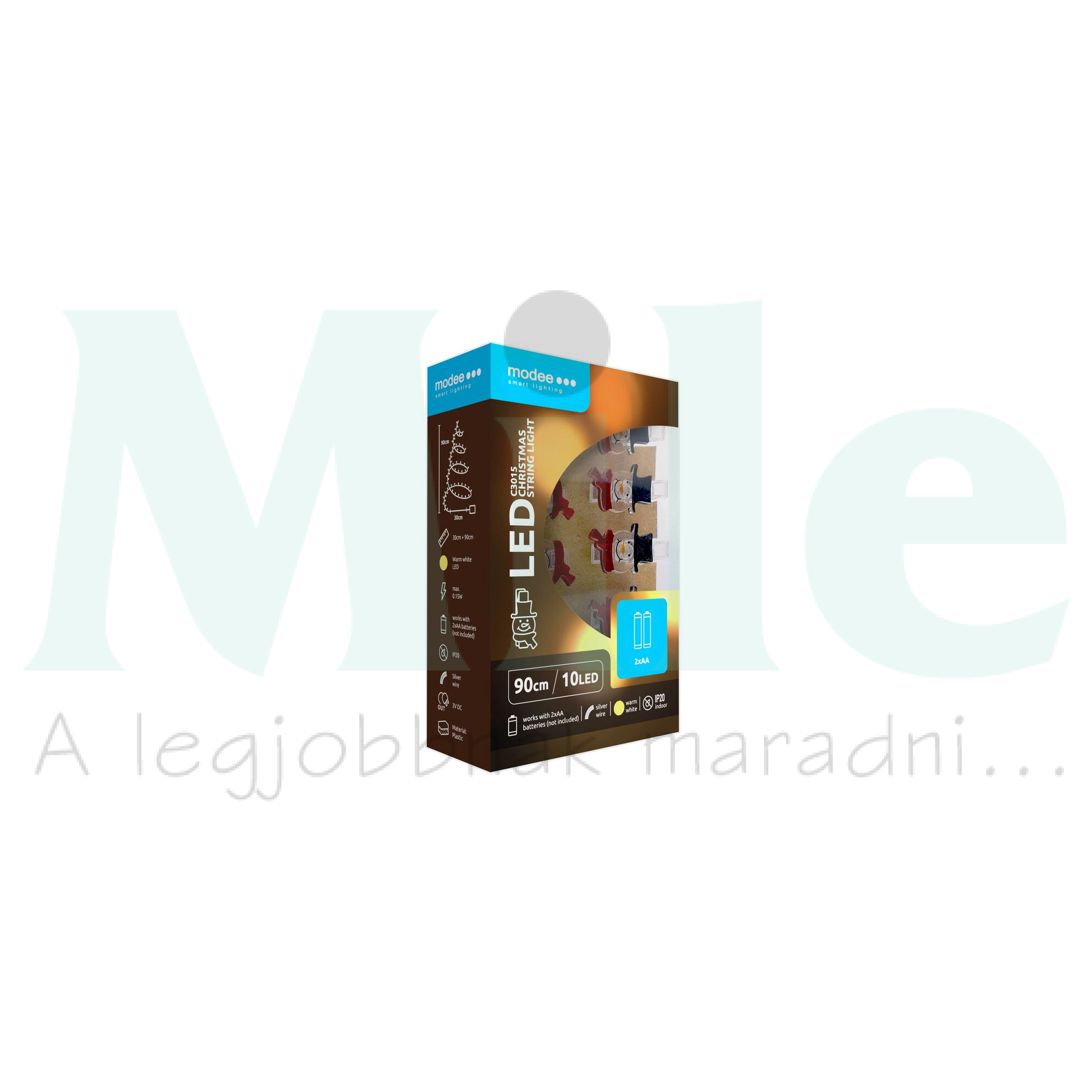 LED karácsonyi füzér 10LED HÓEMBERFEJ/0,9m 2xAA-elem(nélkül) fehér-fényű 3V DC 2700K IP20 Modee