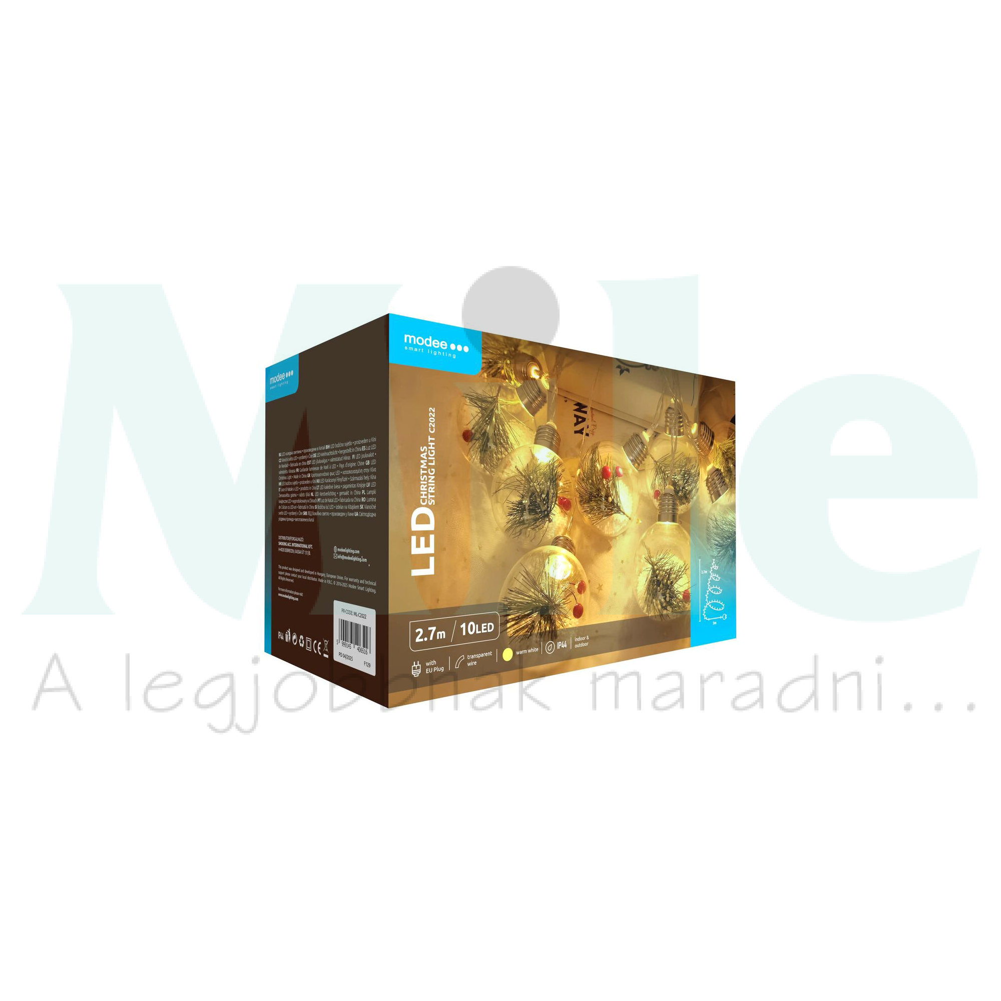 LED karácsonyi hógömb füzér 10LED/2,7m warm IZZÓ +3m-tápegység-dugóval 4db/m fehér-fényű 220-240V Modee