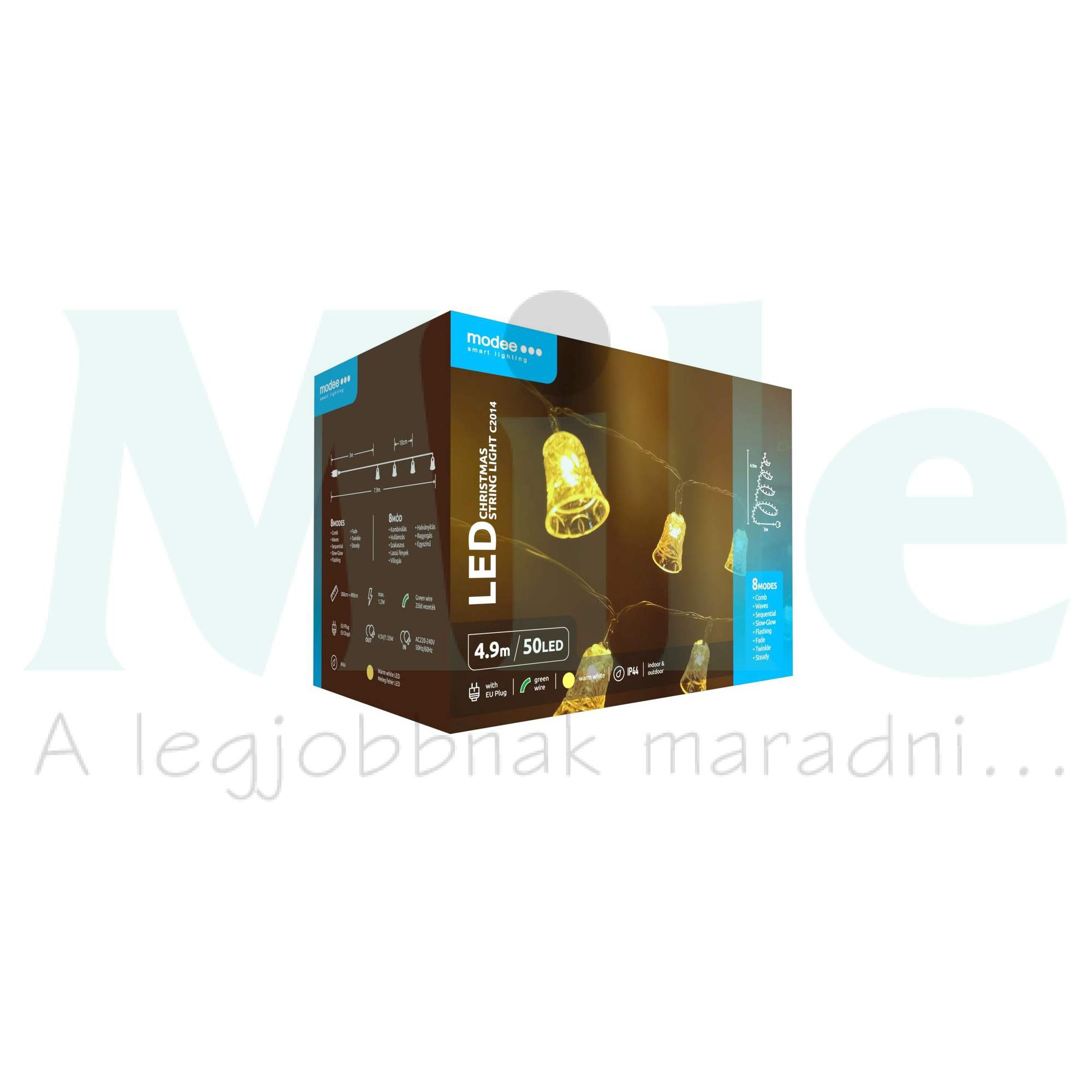 LED karácsonyi fűzér 50LED-harang/4,9m tápegység-dugóval 8mód kültéri 10db/m fehér-fényű AC Modee