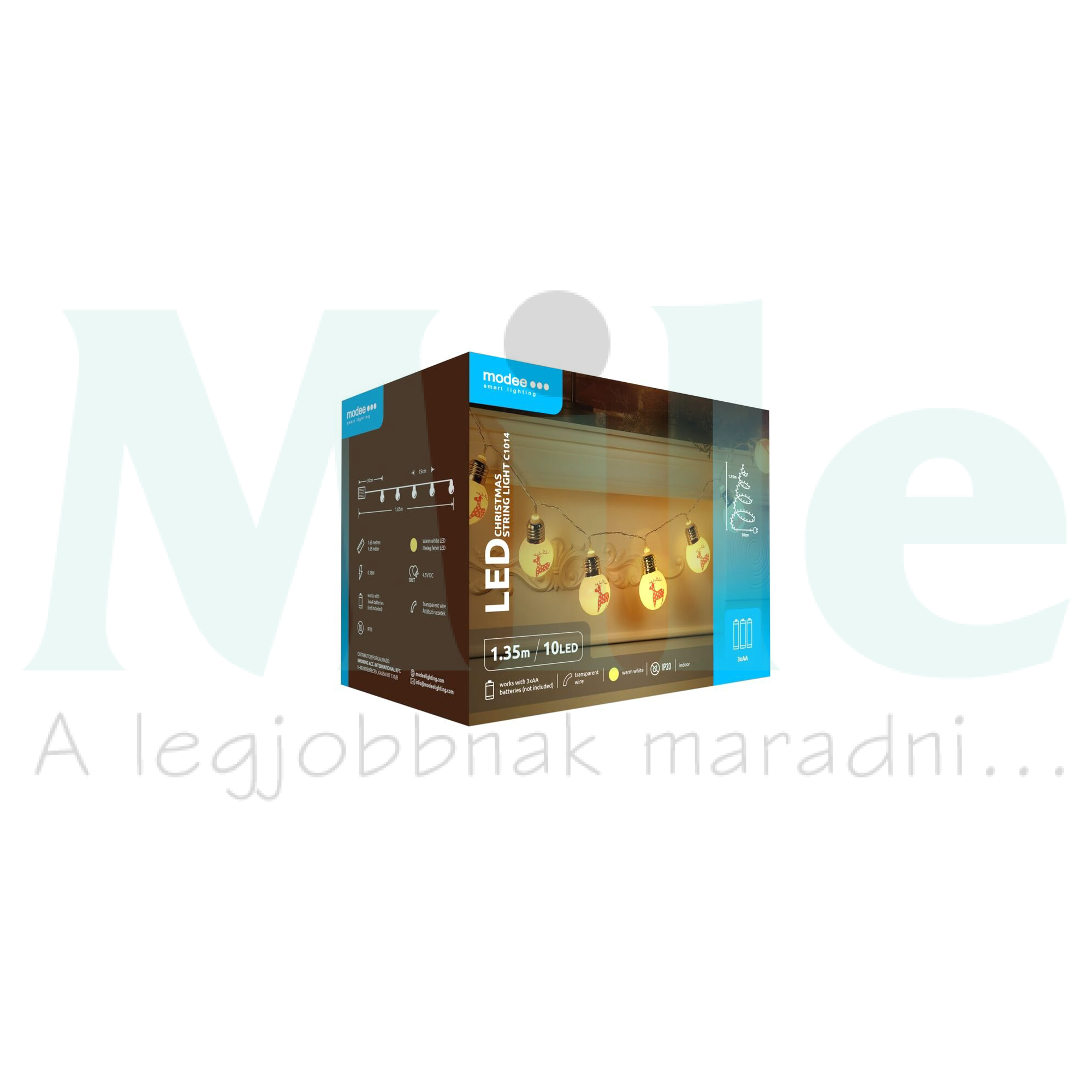 LED karácsonyi fűzér 10LED-szarvas-gömb/1,35m 2xAA-elem(nélkül) 7db/m fehér-fényű 3V DC Modee