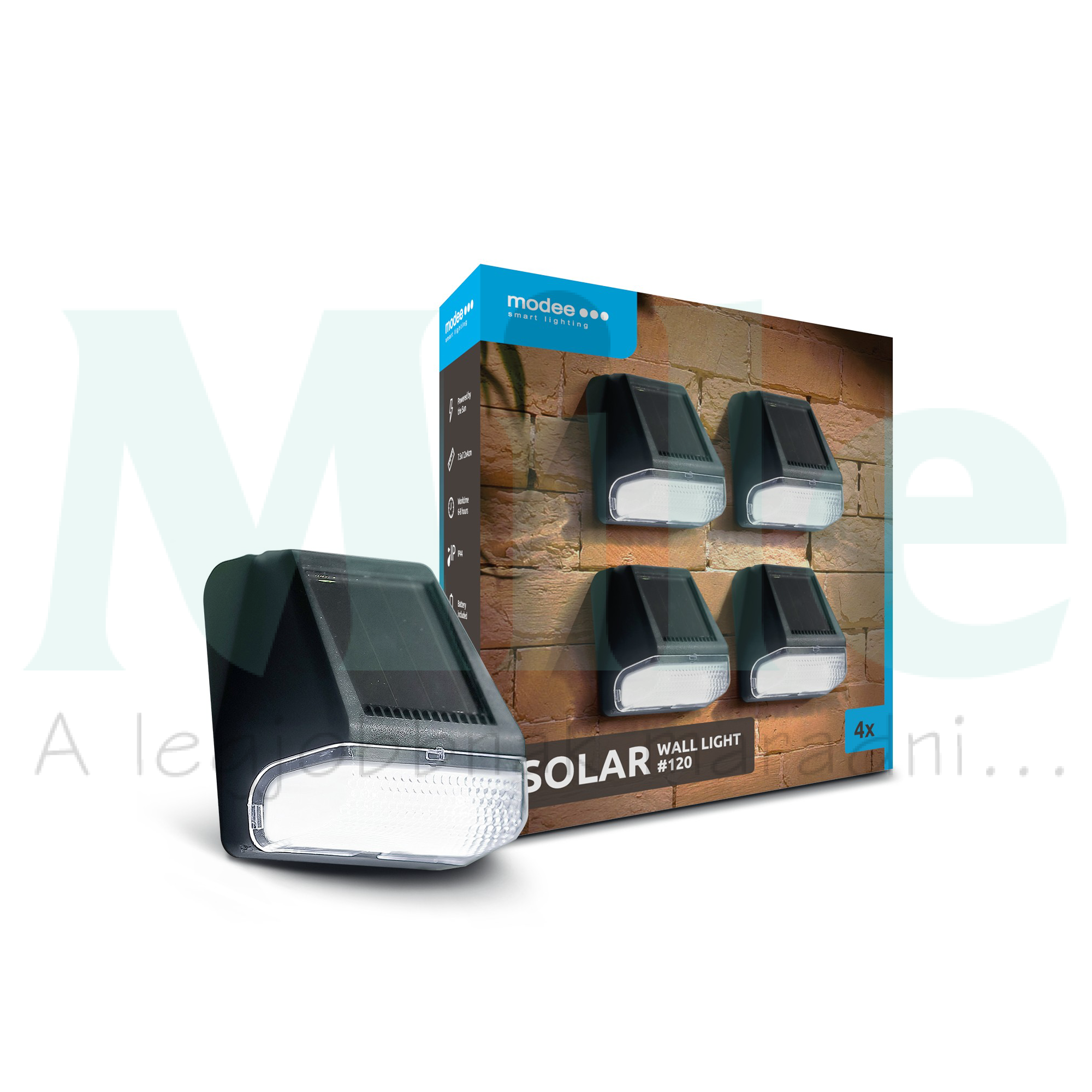 LED kültéri fali szolár lámpatest falra 02Ah Ni-MH akku 8h 4db 1,2V DC 3lm 7500K IP44 Modee