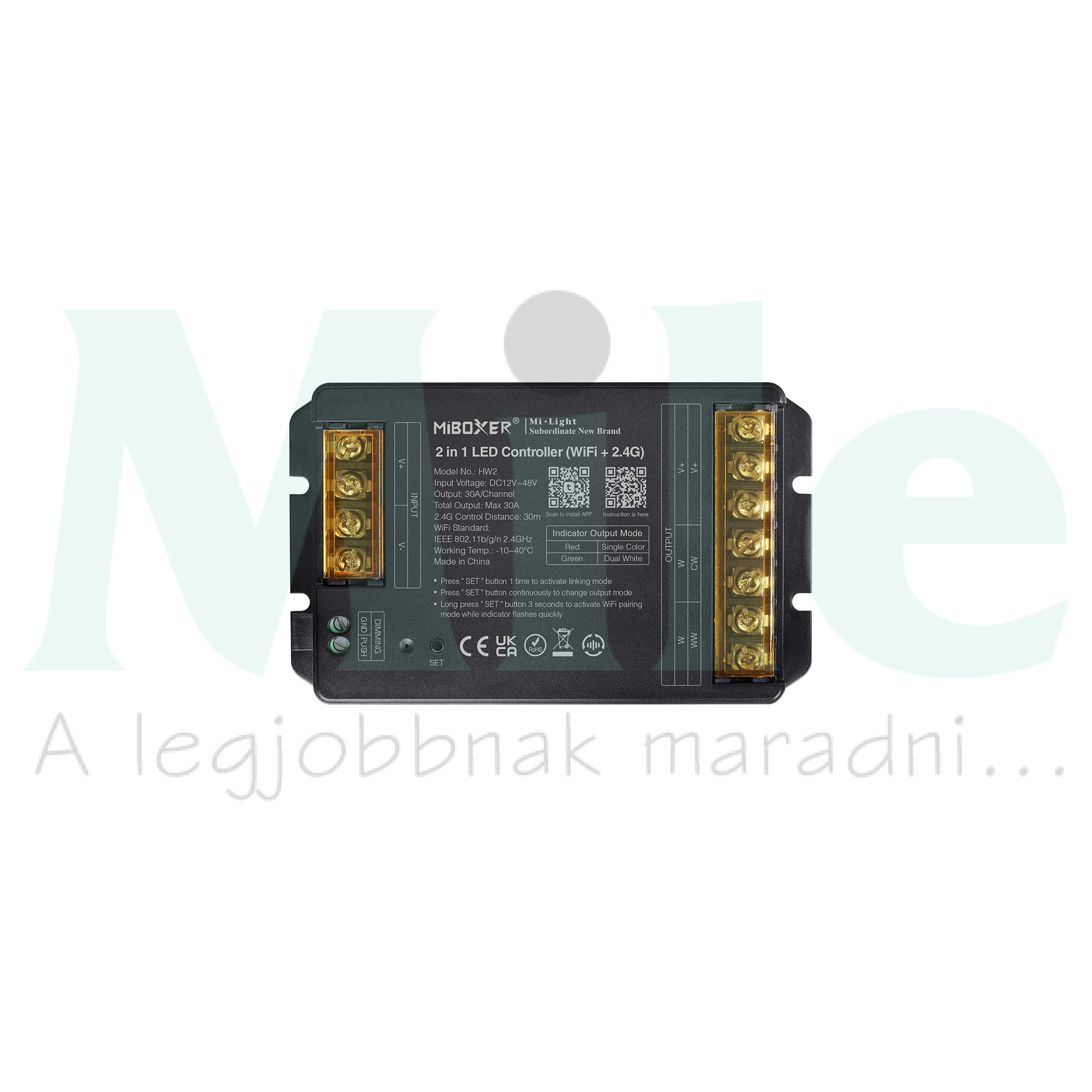RF LED vezérlő WiFi+2,4GHz 2csatorna 2in1 dimmer/CCT 360-720W 12-48V 30000mA IP20 Mi-Light