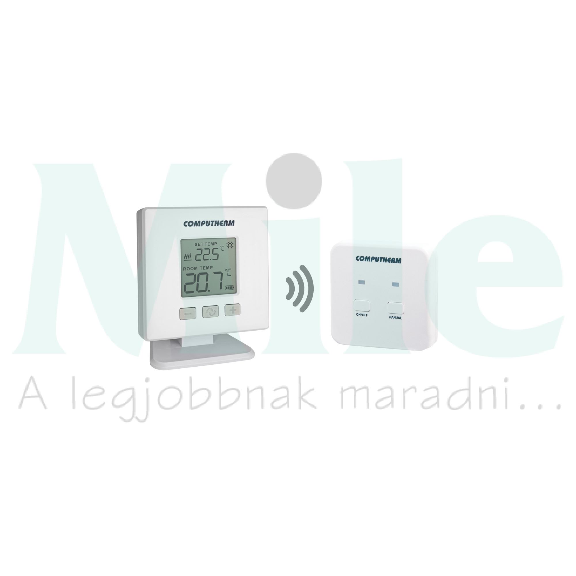 RF szobatermosztát LCD (2xAA1,5V-elemes) +868MHz vevő 5°C- 40°C elem falonkívüli fűtés QUANTRAX