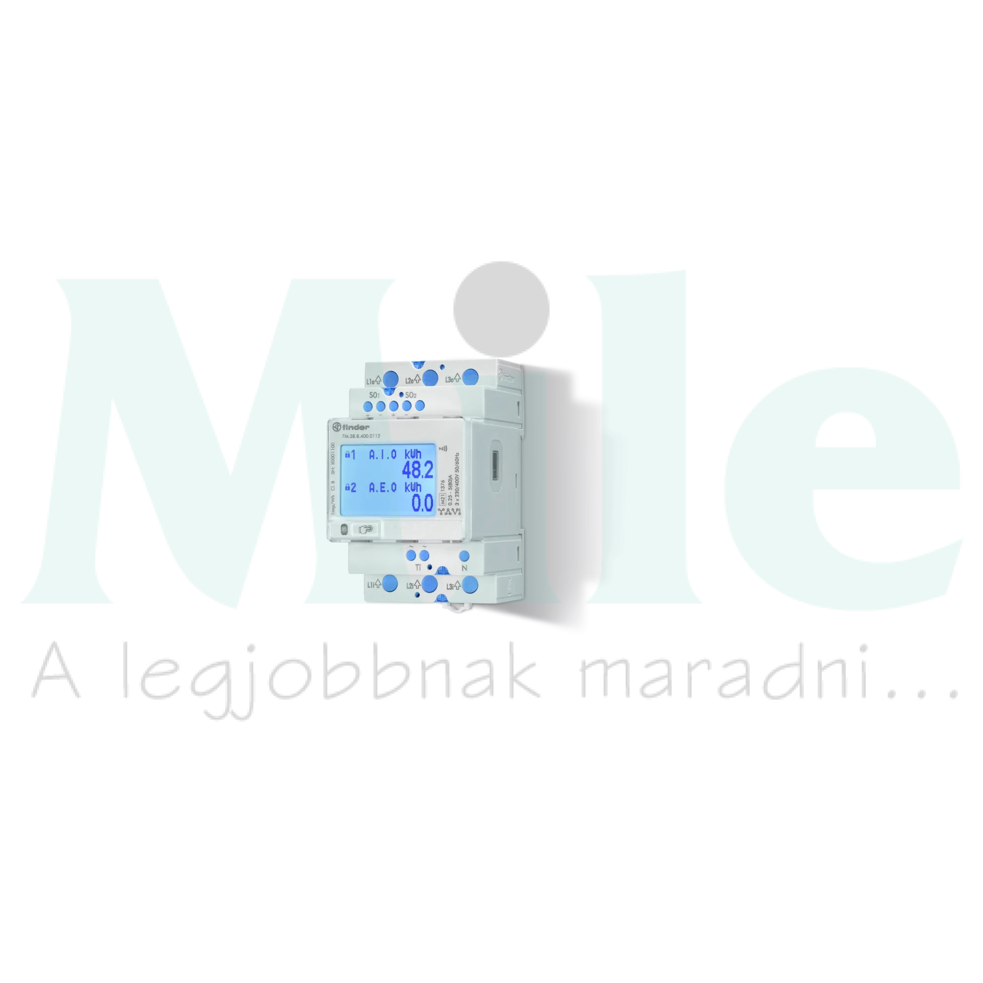 Sorolható fogyasztásmérő 3F LCD MID-hiteles 2xS0 IR NFC 80A direkt 230V 7M.38.8.400.0112 FINDER