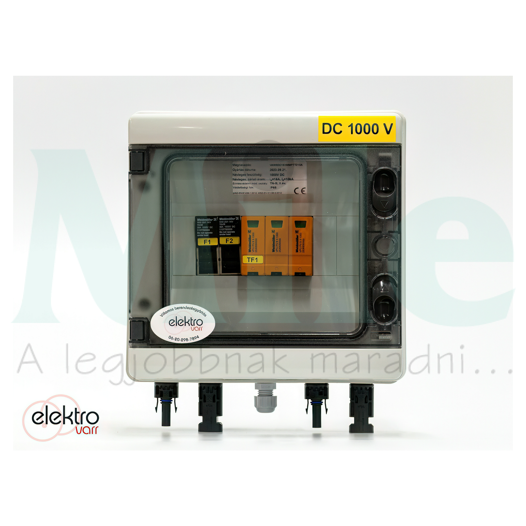Szolár DC elosztó komplett 1kV 1MPP 1ág II-túlfesz 1x15A/2Pbiztosító MC4 IP65 Elektro-Varr