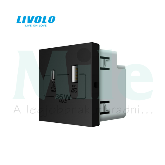C7 USB töltőaljzat 18W/A+27W/C 7200mA/5V modultartó fekete C7USBACB LIVOLO