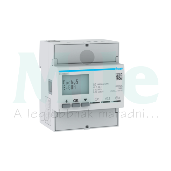 Fogyasztásmérő 1F impulzusadós LCD MID Modbus 80A direkt elektronikus 92-276V 1-fázis ECR Hager