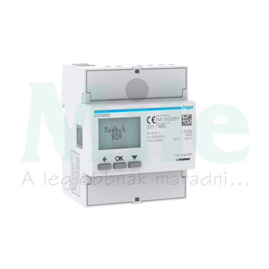 Fogyasztásmérő 3F impulzusadós LCD MID Modbus 80A direkt elektronikus 92-276V 160-480V/ ECR Hager