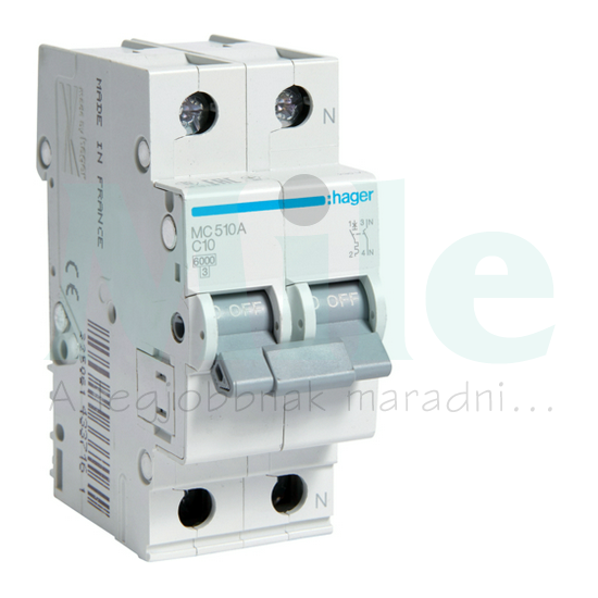 Kismegszakító 1P+N 10A C-jelleg 230V AC 6kA/60898 10kA/60947 2M MC Hager