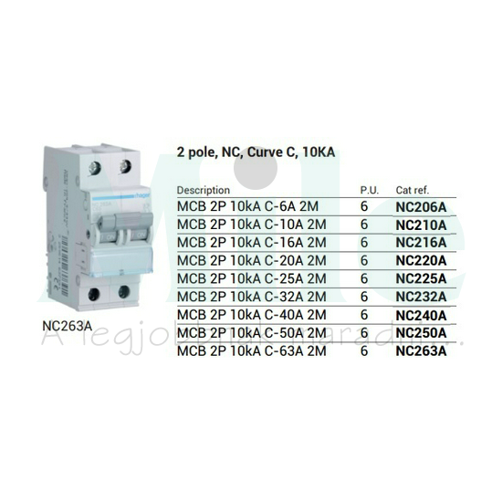 Kismegszakító 2P 16A C-jelleg 400V AC 10kA/60947 NC Hager
