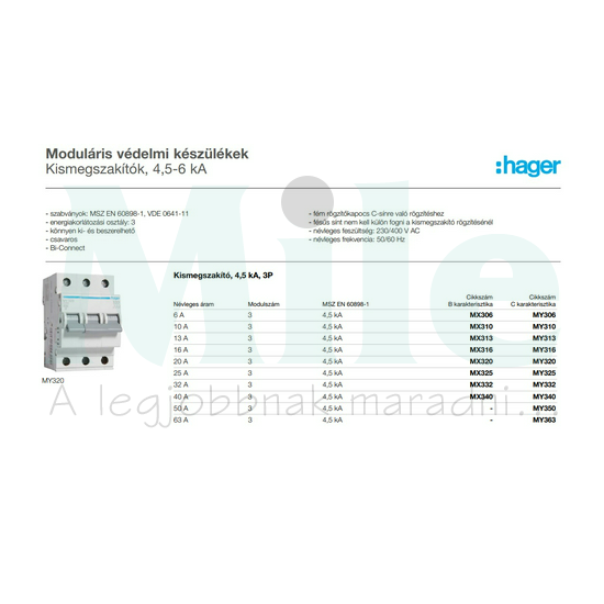 Kismegszakító 3P 13A B-jelleg 400V AC MX Hager