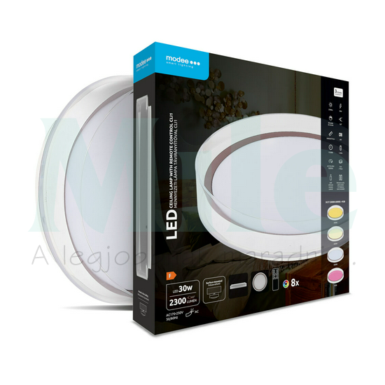 LED mennyezeti lámpatest kerek 3CCT DIM +RGB távirányítóval átlátszó-perem falonkívüli 1x 30W 170-250V AC 2300lm 2700-6000K IP20 Modee