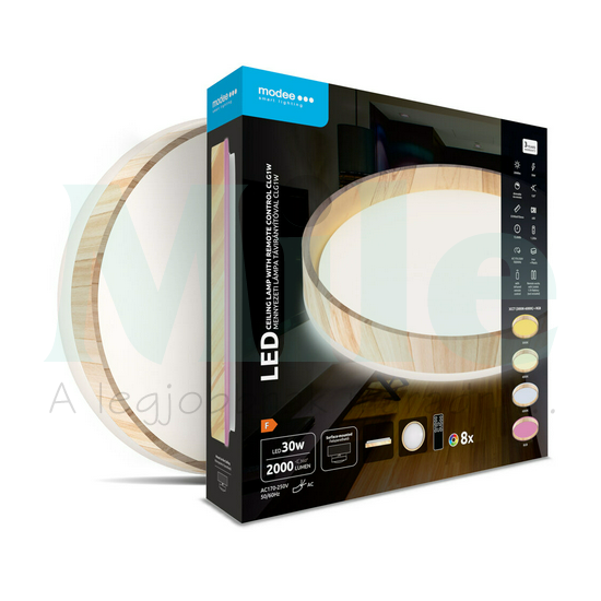LED mennyezeti lámpatest kerek 3CCT DIM +RGB távirányítóval fahatású-minta falonkívüli 1x 30W 170-250V AC 2000lm 2700-6000K IP20 Modee