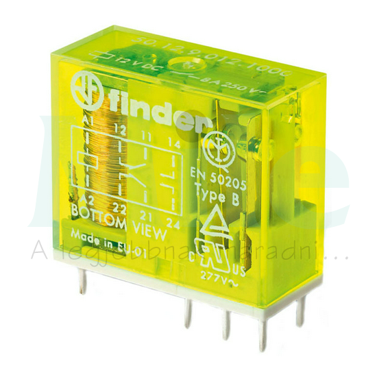 Miniatűr relé biztonsági 8A 2-v NYÁK 24VDC monostabil IP20 50.12.9.024.1000 FINDER
