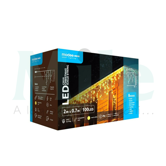 LED karácsonyi fűzér 100LED-függöny/2x0,7m tápegys-dugóval 8mód kültéri 50db/m fehér-fényű Modee