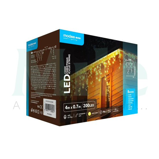 LED karácsonyi fűzér 200LED-függöny/4x0,7m tápegys-dugóval 8mód kültéri 50db/m fehér-fényű Modee
