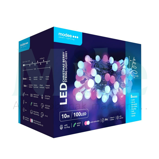 LED karácsonyi füzér 100LED/10m pink/cold +3m-tápegység-dugóval 8mód kültéri 10db/m fehér-fényű Modee
