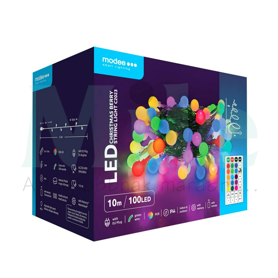 LED karácsonyi füzér 100LED/10m RGB+távir.+3m-tápegység-dugóval 10mód kültéri 10db/m RGB-fényű AC Modee