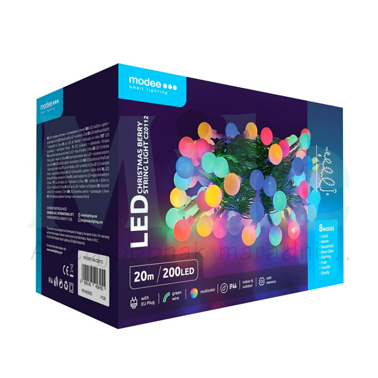 LED karácsonyi füzér 200LED/20m multicolor +3m-tápegység-dugóval 8mód kültéri 10db/m 220-240V AC Modee