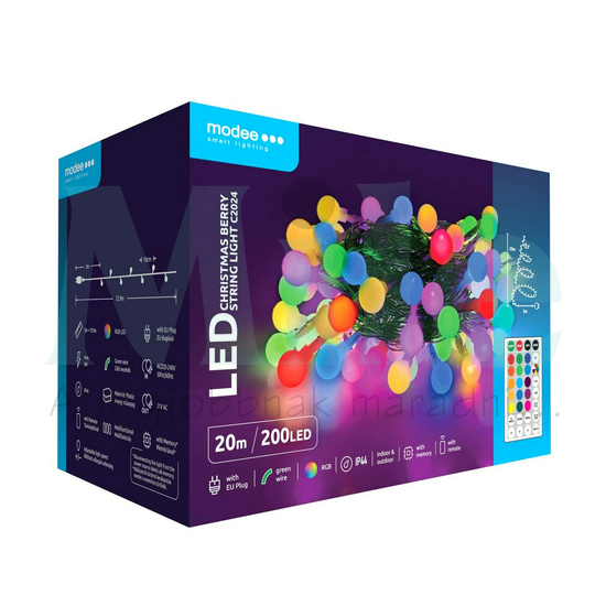 LED karácsonyi füzér 200LED/20m RGB+távirányító +3m-tápegység-dugóval 10mód kültéri 10db/m RGB-fényű AC Modee