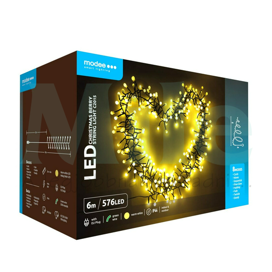 LED karácsonyi fűzér 576LED-apró gömb/6m tápegység-dugóval 8mód kültéri 96db/m fehér-fényű Modee