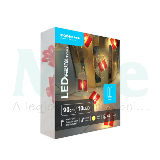 LED karácsonyi füzér 10LED AJÁNDÉKCSOMAG/0,9m 2xAA-elem(nélkül) fehér-fényű 3V DC 2700K Modee