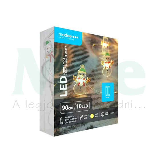 LED karácsonyi füzér 10LED ÁTLÁTSZÓ HÓEMBER/0,9m 2xAA-elem(nélkül) fehér-fényű 3V DC 2700K Modee