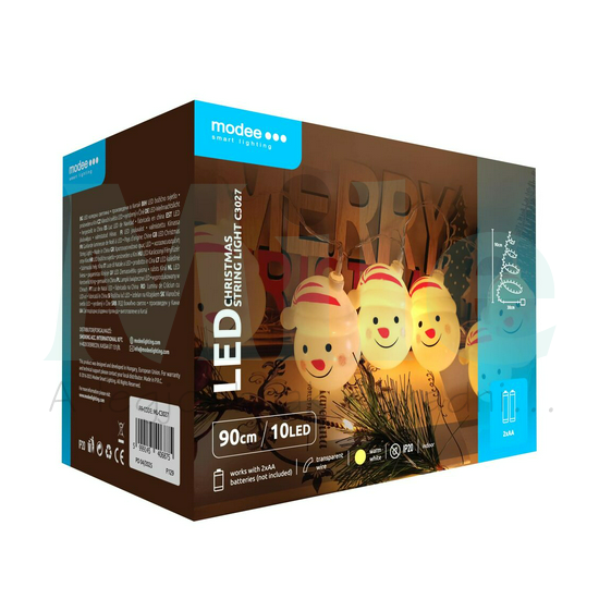 LED karácsonyi füzér 10LED CSÍKOSSAPKÁS HÓEMBERFEJ/0,9m 2xAA-elem(nélkül) fehér-fényű 3V DC Modee