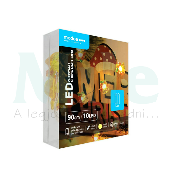 LED karácsonyi füzér 10LED FENYŐS HARANG/0,9m 2xAA-elem(nélkül) fehér-fényű 3V DC 2700K Modee