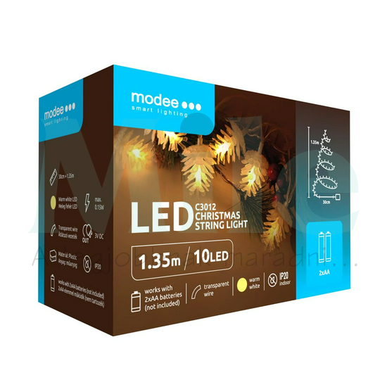LED karácsonyi füzér 10LED TOBOZ/1,35m 2xAA-elem(nélkül) fehér-fényű 3V DC 2700K IP20 Modee